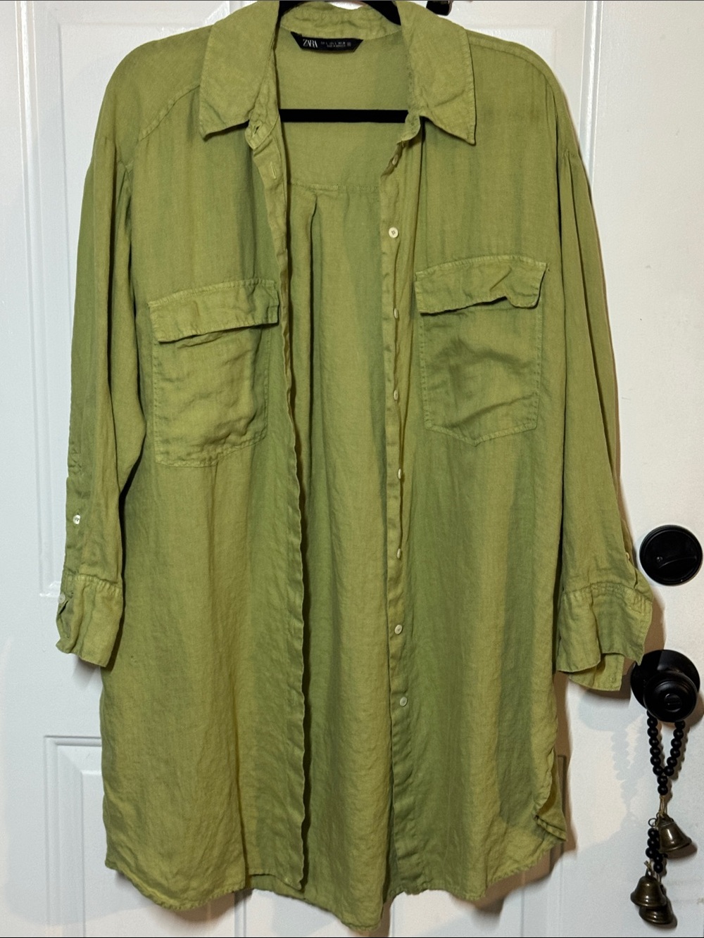 Zara Light Olive Green Button-Front Shirt Dress